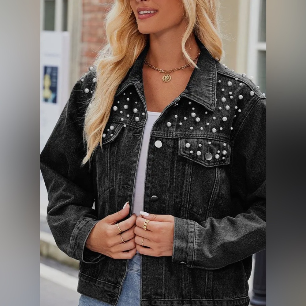 Women's Black Denim Jacket with Pearl Embellishments